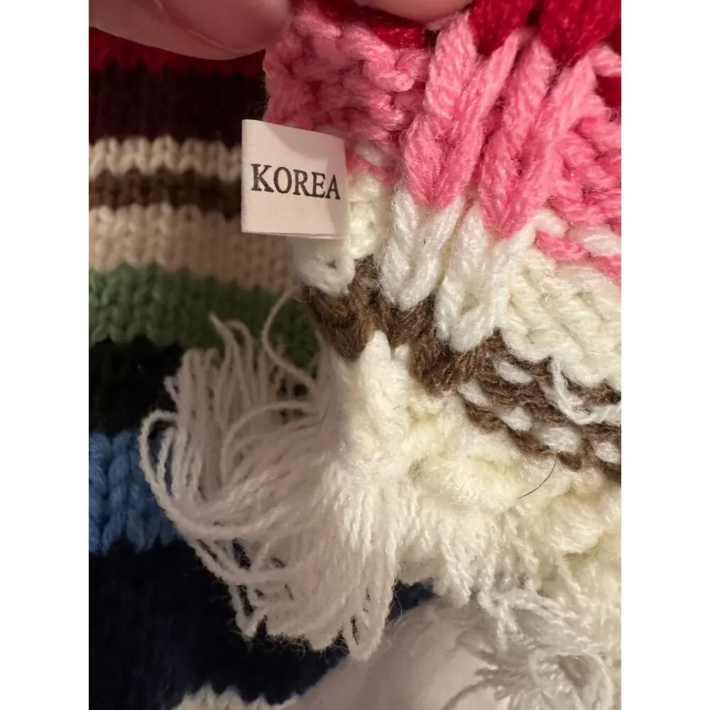Vintage Hand Knit Striped Scarf Made in Korea Multicolor Fringe